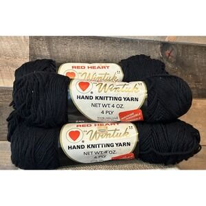 Red Heart Wintuk Orlon‎ Acrylic 4 Ply Yarn 6 Skeins 12 Black Vtg NOS